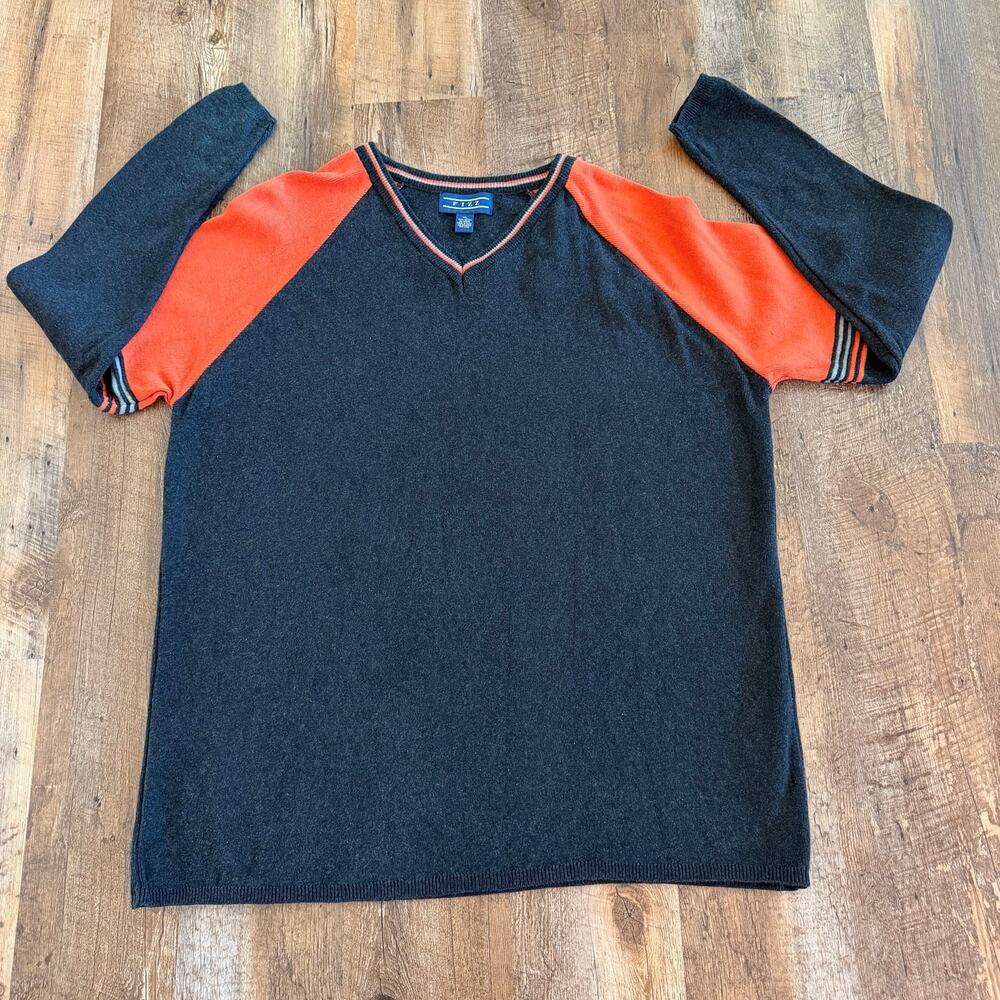 FIZZ V Neck Sweater XL Colorblock Charcoal Orange Gray Cotton Soft